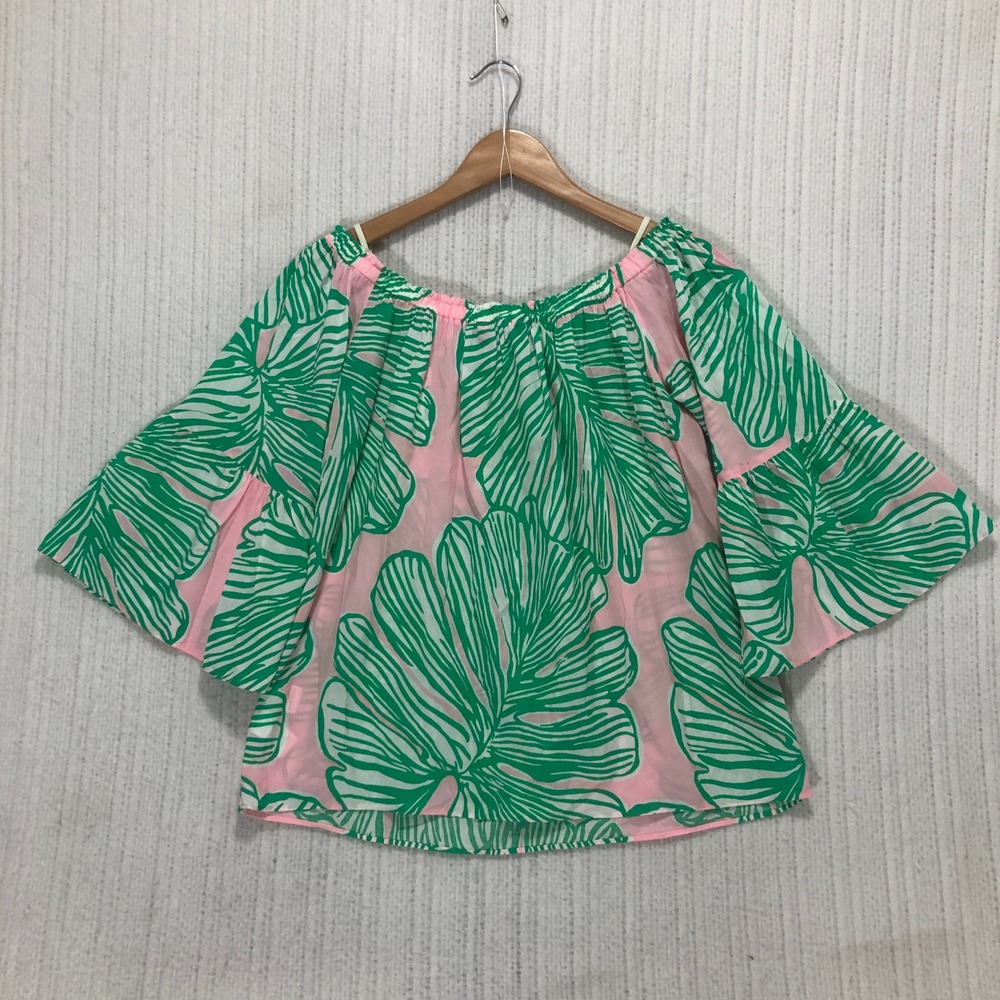 Lilly Pulitzer Pink Green Palm Leaf Off The Shoulder Bell Sleeve Blouse Small - Picture 6 of 8